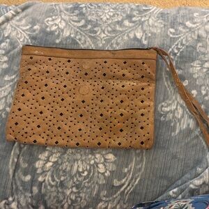 Cleobella Brown Perforated Clutch.  Tan suede with flecks of gold.